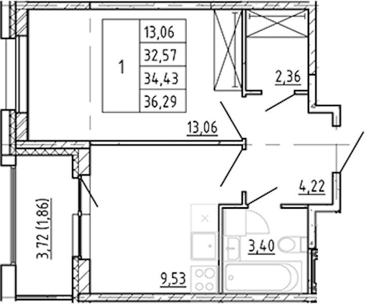 1-комнатная квартира 32.57 м², 5/12 эт., ЖК «Полис Новоселье»
